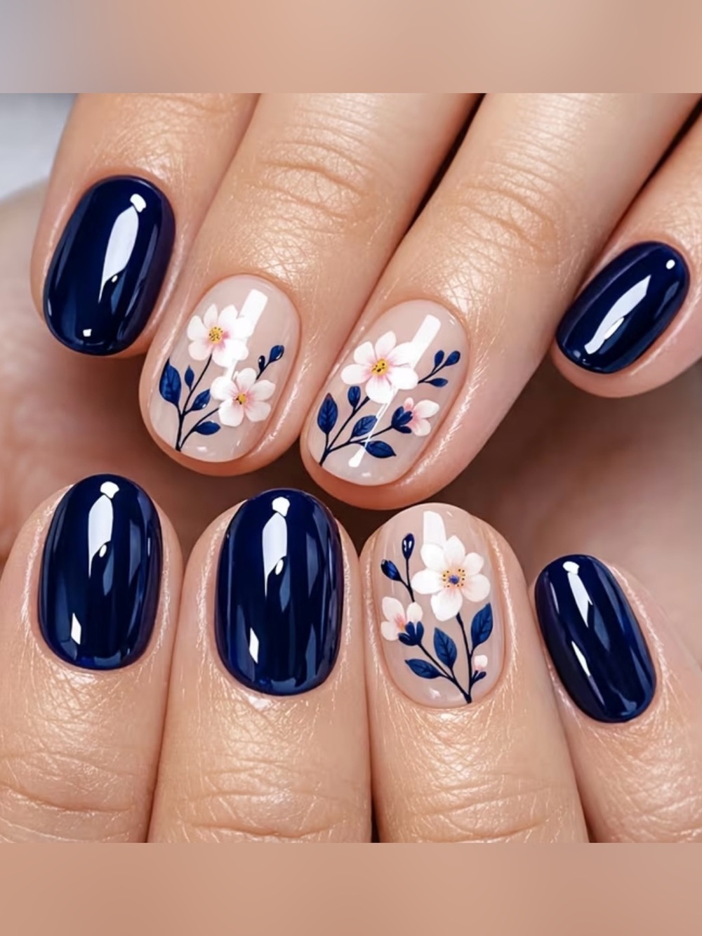Navy Floral Press-On Nails